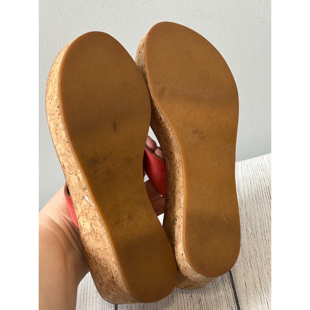K Jacques St Tropez Diorite Sandals 8 Red Leather Cork Wedge Thong Slip On Boho - Picture 13 of 13